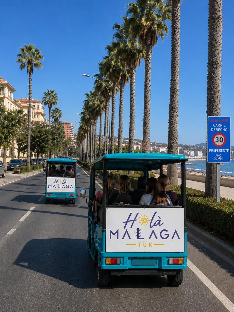 Tuk tuks eléctricos de Hola Málaga Tuk por el paseo marítimo